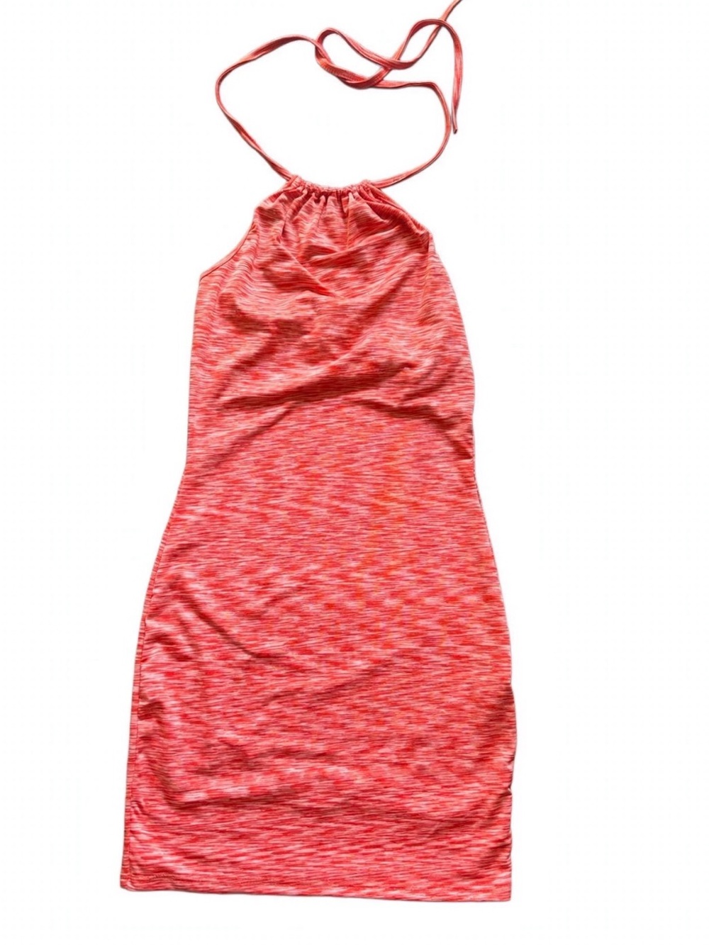 Coral Halter Bodycon Mini Dress Tie Neck Stretch Heathered Orange